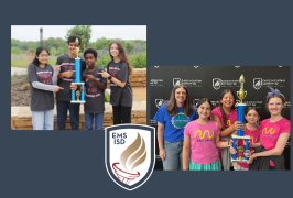  Two groups of students holding a trophy with the E M S I S D logo in the middle